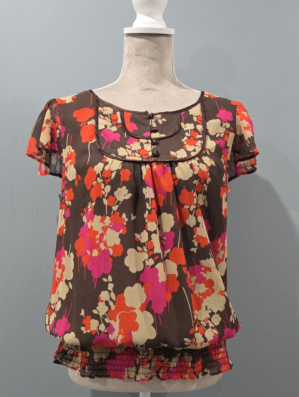 Apt. 9 Brown Floral Pintuck Blouse with Pink & Orange Accents